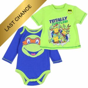 Lot T-shirt + Body Tortues Ninjas pour bébé, avec imprimés inspirés des héros des années 90.