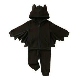 Survêtement 2 pièces chauve-souris noir pour enfant, haut à capuche et pantalon, style gothique et Halloween.