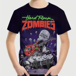 T-shirt Hard Rock Zombie pour enfants avec motif de guitare et zombie.