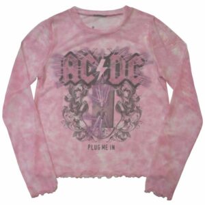 Crop top AC/DC rose pour femmes avec imprimé sublimation "Plug Me In", manches longues et tissu en maille.