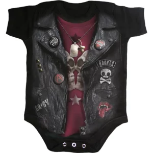 Body bébé biker avec imprimé gilet en cuir et badges, 100 % coton doux, import UK par Spiral Direct.