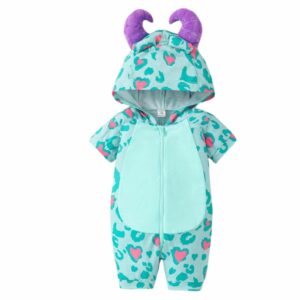 Combinaison bébé Baby Monster avec capuche, manches courtes et motif animal kawaii, en coton doux.