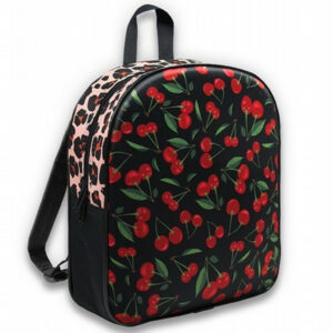 Image du sac à dos Kid Leo Cherries vu de face, mettant en avant son motif cerises sur fond noir.