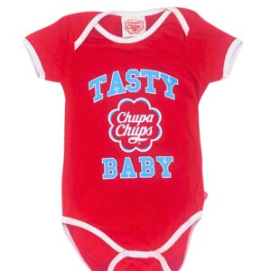 Body Chupa Chups rouge avec logo vintage et inscription "Tasty Baby".