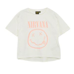 T-shirt enfant Nirvana, vue avant avec logo smiley emblématique du groupe Nirvana.